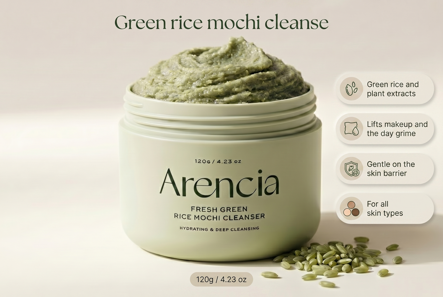Green rice mochi cleanser features, green rice and plant extracts, all skin types