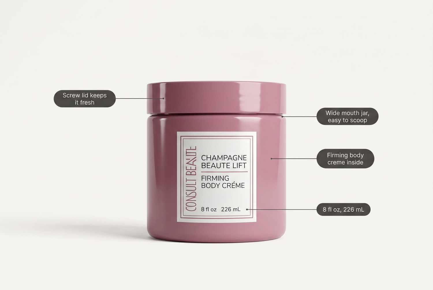 Champagne firming body cream jar with callouts for screw lid, wide mouth jar and 226 mL size