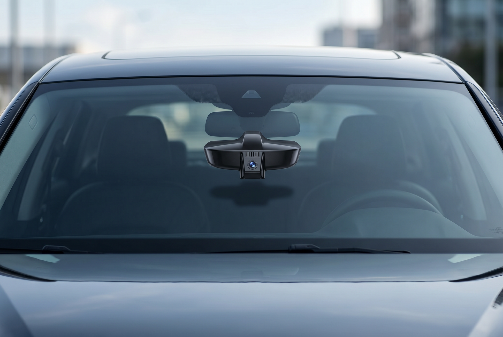 4K dash cam mounted behind the windshield seen from the front of the car, lens facing forward toward the road