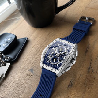 Customer photo of CRRJU quartz watch silicone strap on a wooden desk