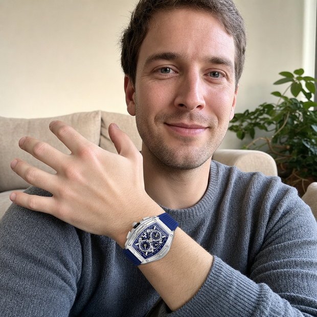Customer wearing the CRRJU quartz watch on his wrist at home