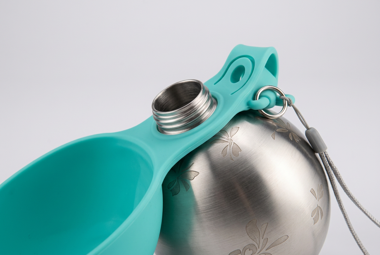 Stainless steel pet travel water bottle, close up of the brushed steel ball body, threaded spout and fold out silicone bowl