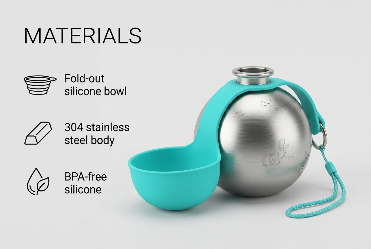 Materials infographic of the stainless steel pet travel water bottle with fold out silicone bowl