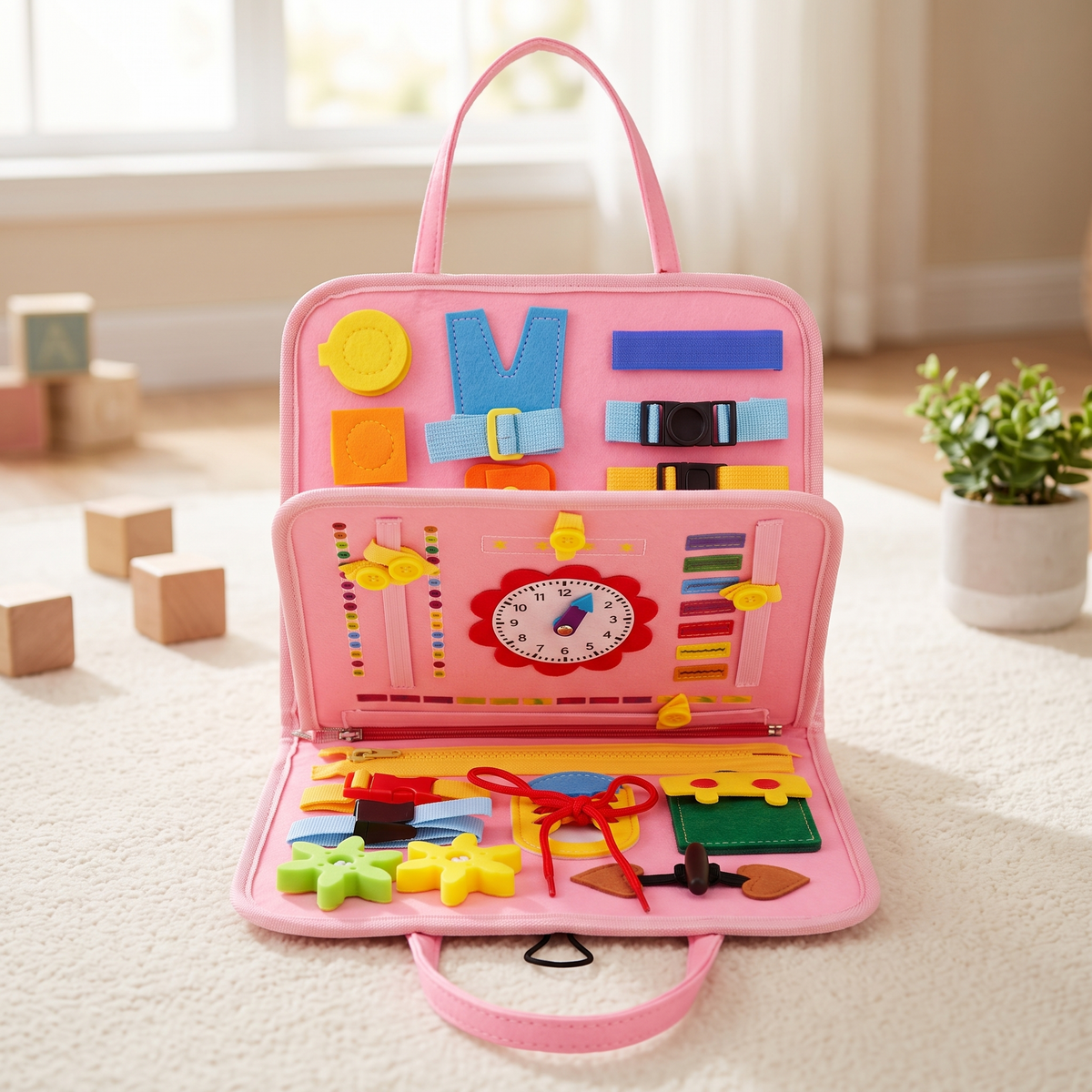 Pink felt Montessori busy board open on a cream play rug in a bright living room