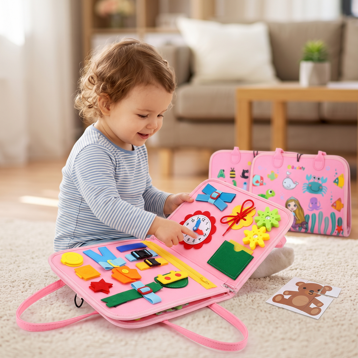 Toddler girl playing with the pink felt busy board on a living room floor