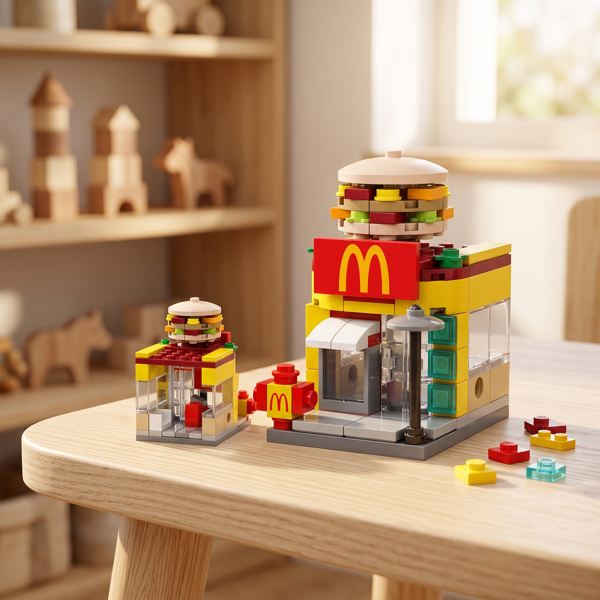 Creative City building blocks McDonald themed brick shop on a sunlit playroom desk with wooden toys