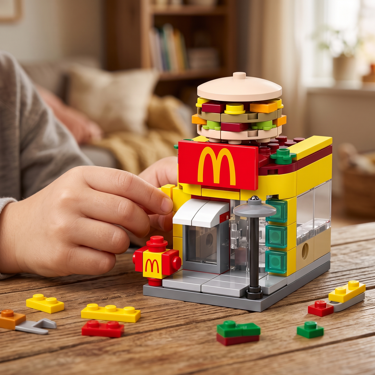 Child hands snapping a brick onto the McDonald themed building blocks shop on a wooden table
