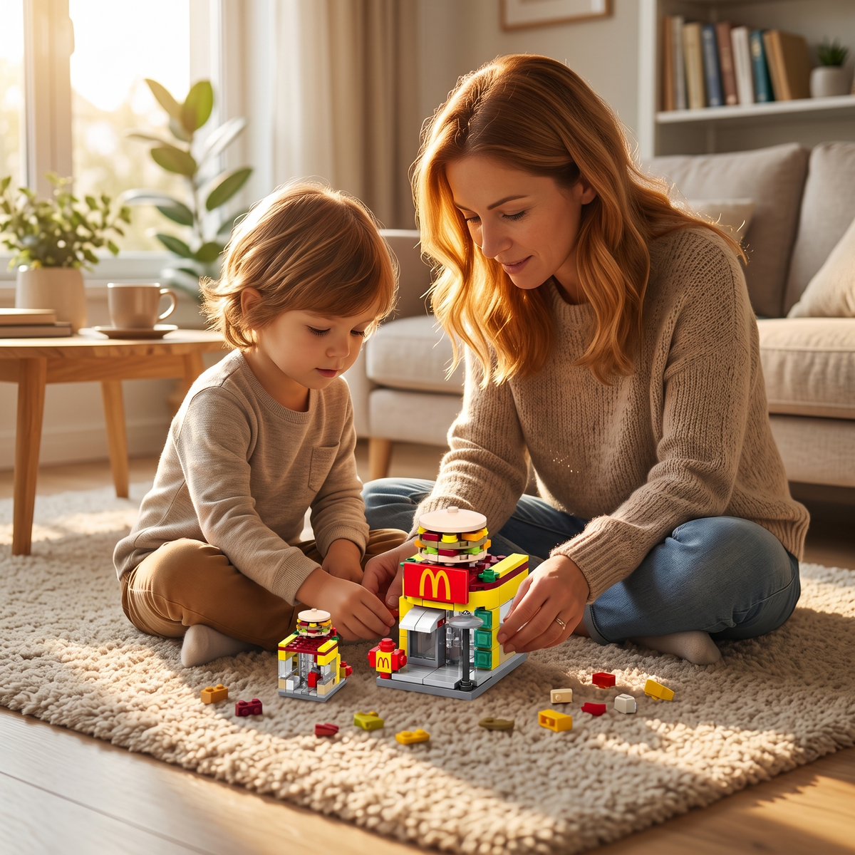 Parent and child building the McDonald themed brick shop together on a living room rug