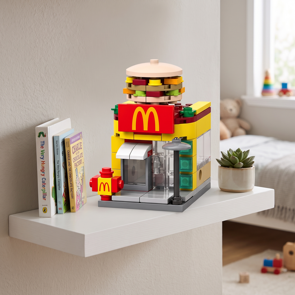 Finished McDonald themed brick shop displayed on a bedroom shelf with books and a plant