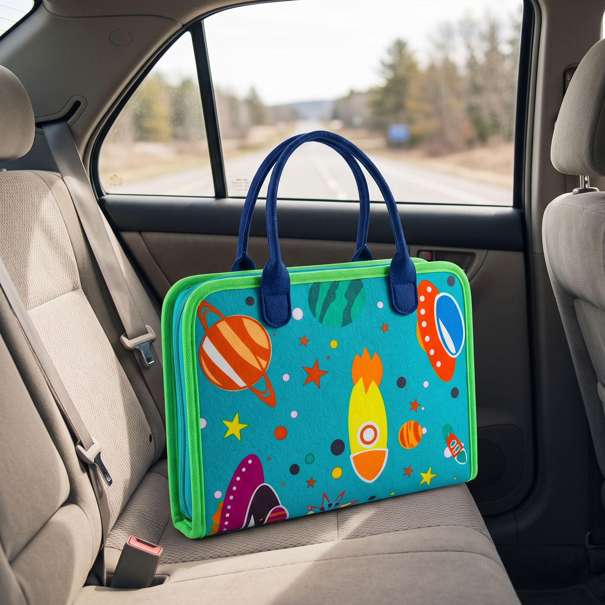 Teal blue felt busy book zipped closed on a car seat ready to travel