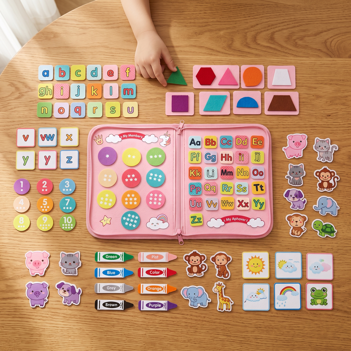 Pink felt learning book with alphabet number shape and animal cards on a wooden table