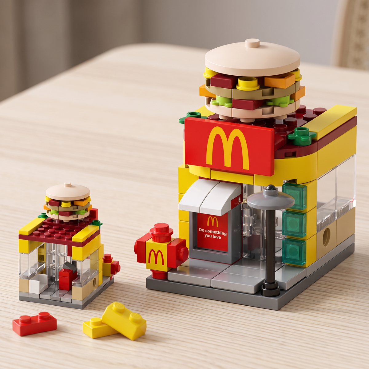 The main McDonald themed brick shop and the matching mini kiosk side by side showing their sizes