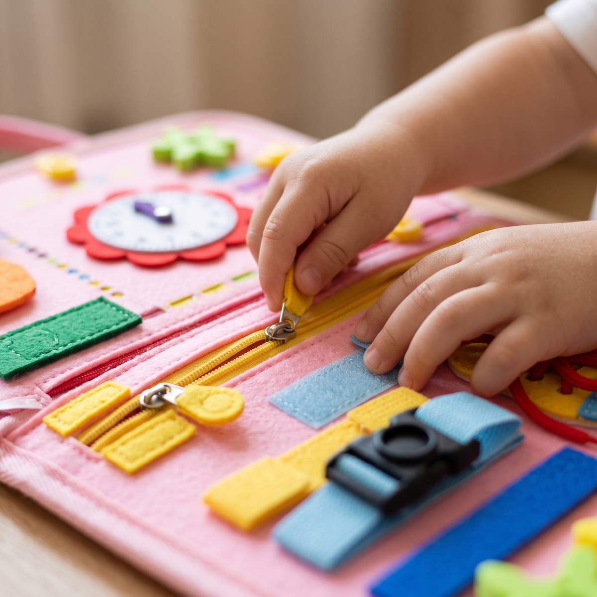 Close view of a toddler pulling the felt zipper and buckle on the pink busy board