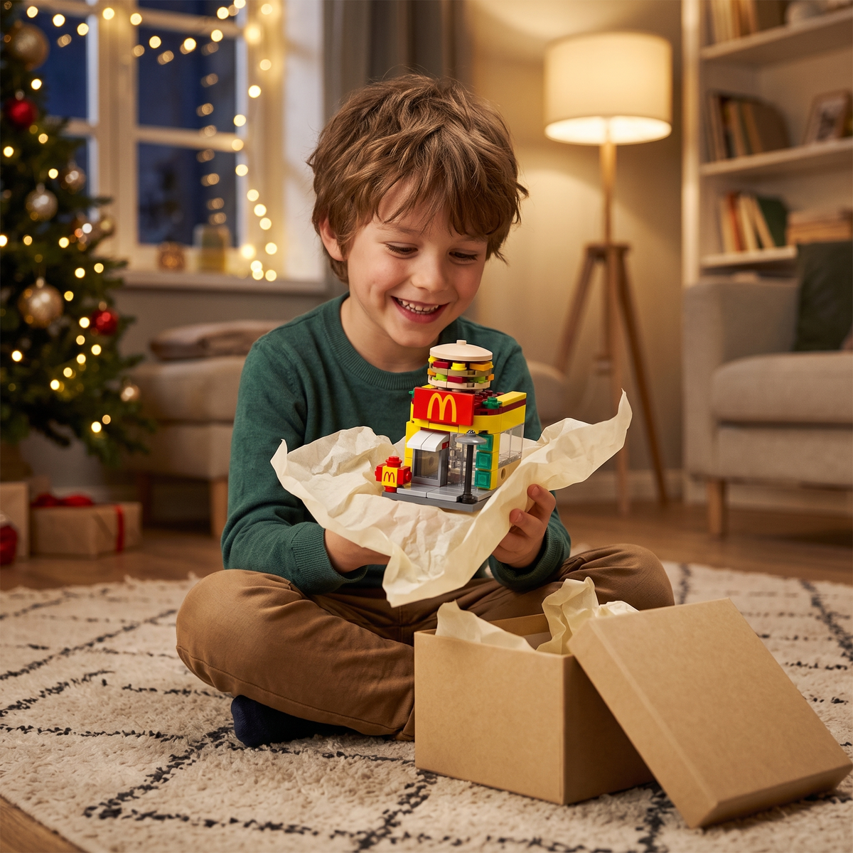 Happy child lifting the McDonald themed brick shop out of a gift box by a Christmas tree