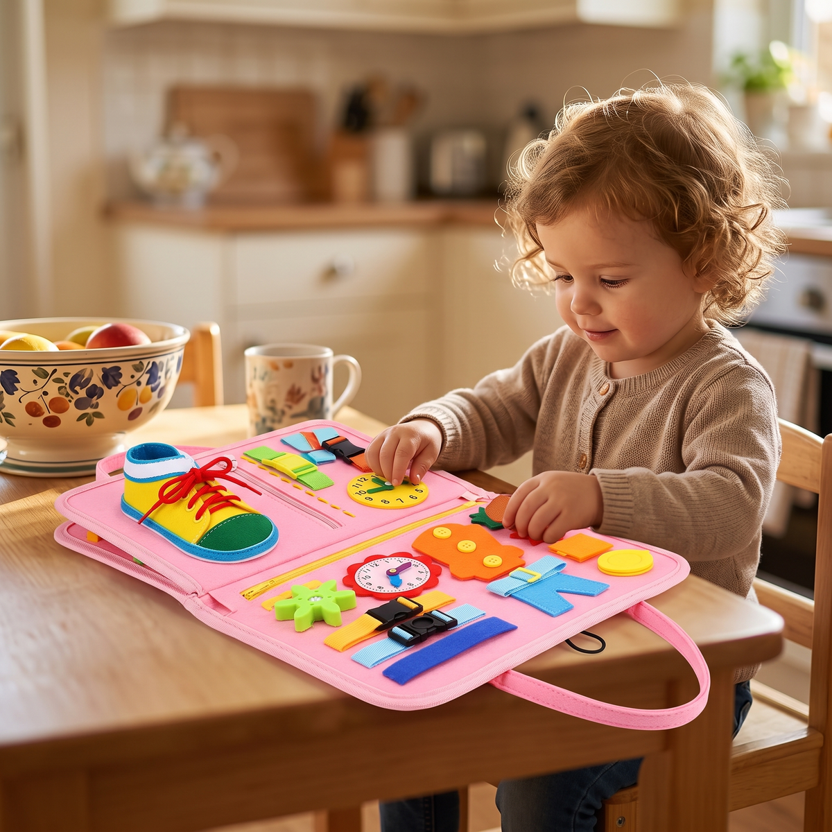 Toddler at a kitchen table during quiet time with the pink felt busy board