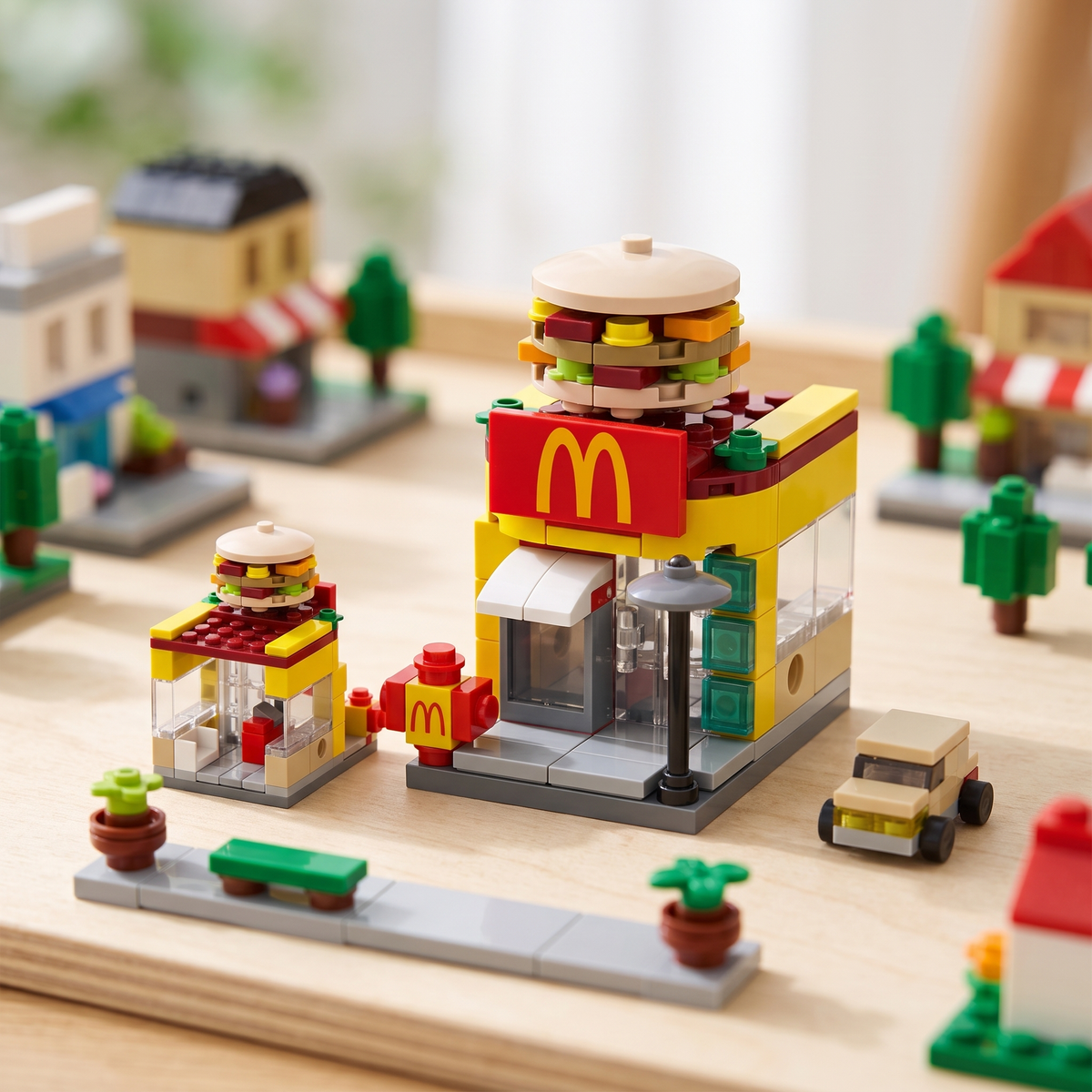 The McDonald themed brick shop set up as a little brick street town scene on a play mat