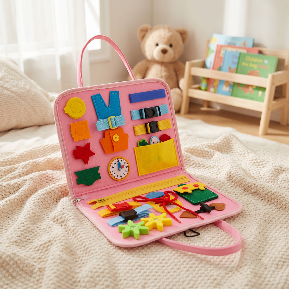Pink felt busy board open on a knit blanket in a cozy nursery with a teddy