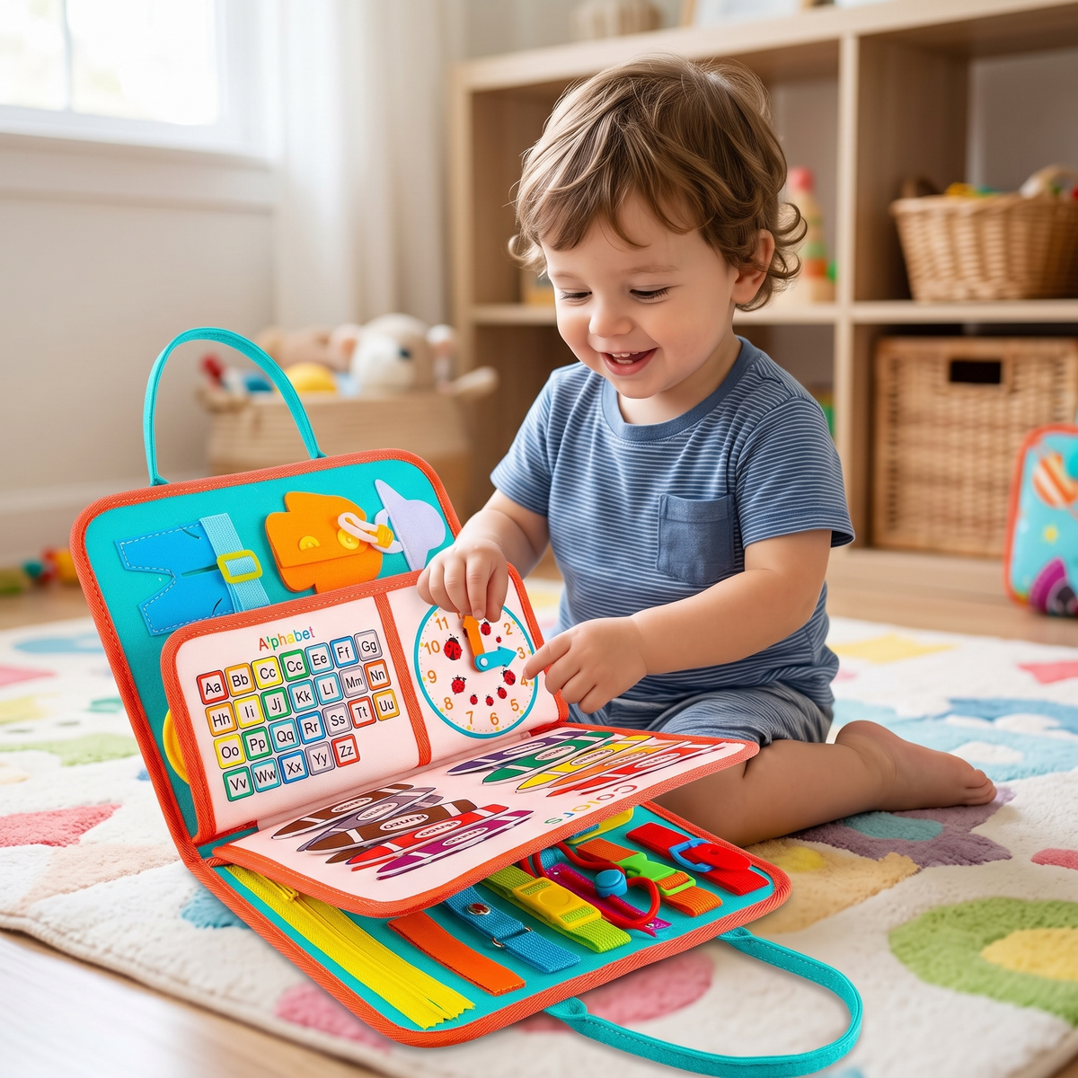Toddler boy exploring the teal blue felt busy board in a bright playroom