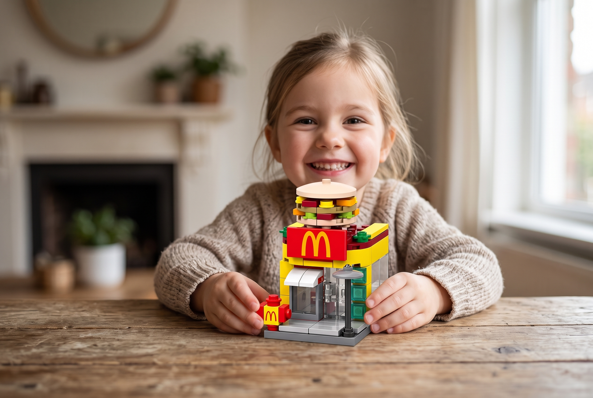 Happy child proudly showing the finished McDonald themed brick shop