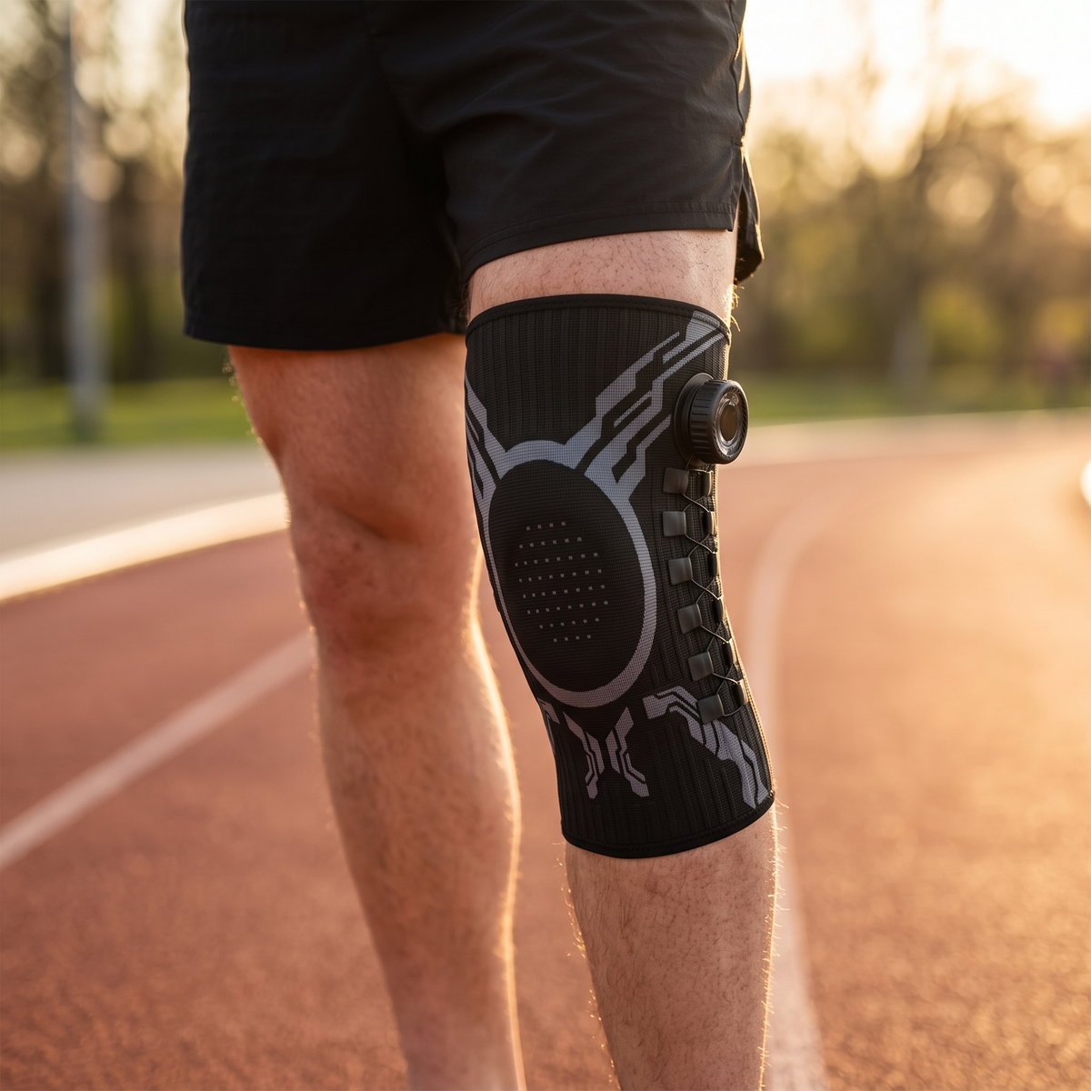 Athlete on a running track wearing the black compression knee sleeve with twist dial and open patella panel