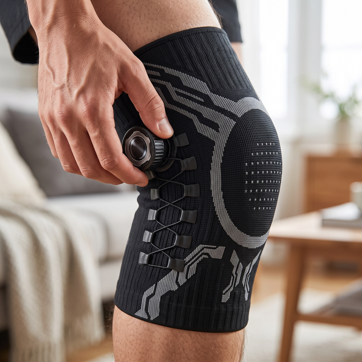 Hand turning the side twist dial and lacing on the black compression knee sleeve