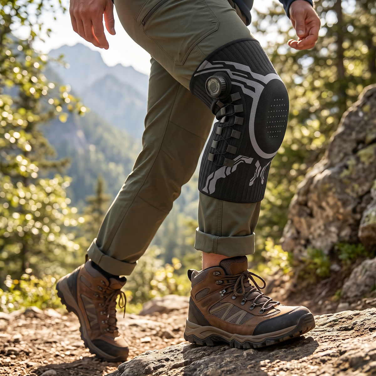 Hiker on a mountain trail wearing the black compression knee sleeve
