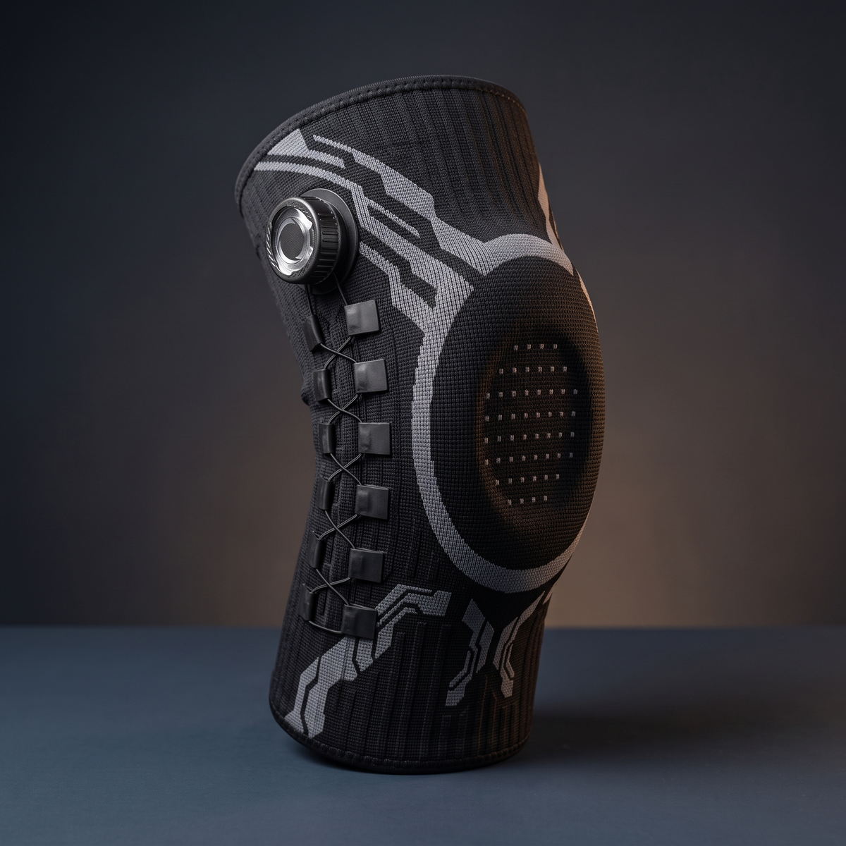 The black compression knee sleeve shown on a premium studio surface, dial and patella panel visible