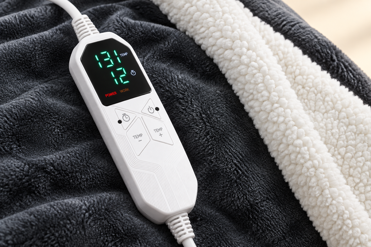 Close view of the white digital controller on dark charcoal plush fabric beside pale sherpa lining
