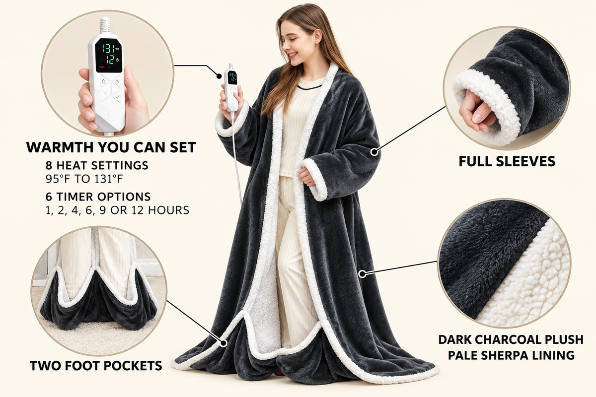 Feature infographic showing the controller, full sleeves, two foot pockets, charcoal plush and pale sherpa lining