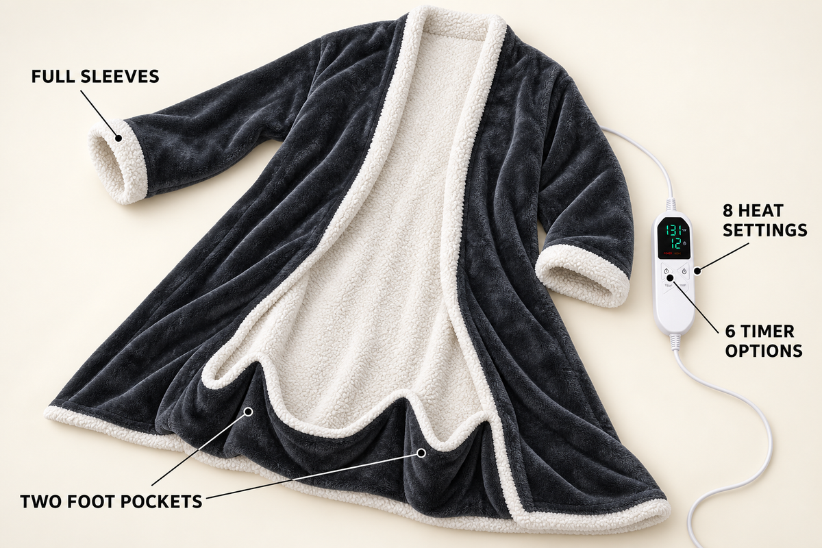 Open wearable heated blanket with callouts for full sleeves, two foot pockets, heat settings and timer options
