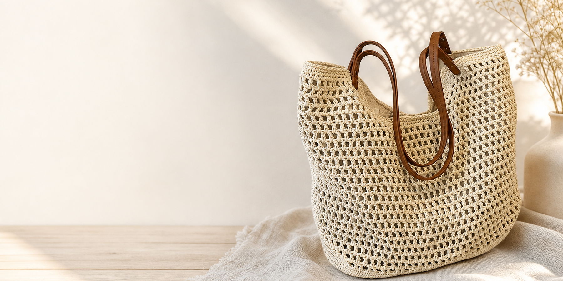 Introducing Hand Woven Cotton Beach Tote With Leather Straps: