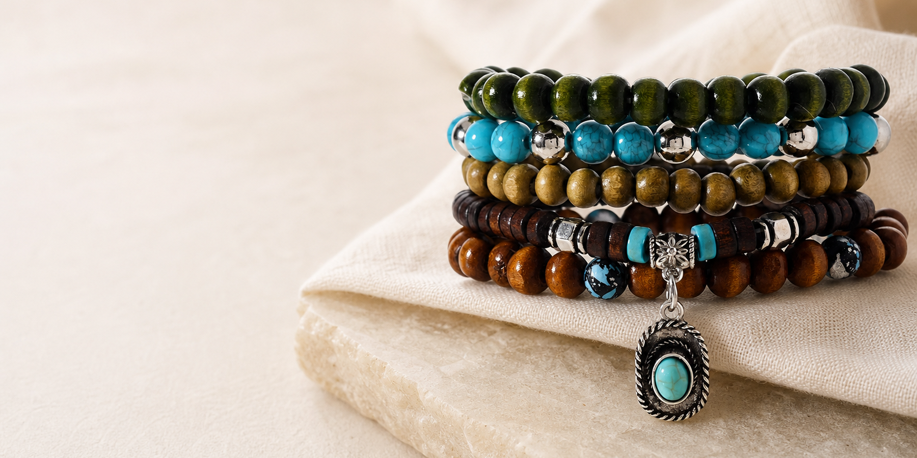 Introducing Five-Piece Boho Bracelet Set in Wood, Turquoise and Coconut: