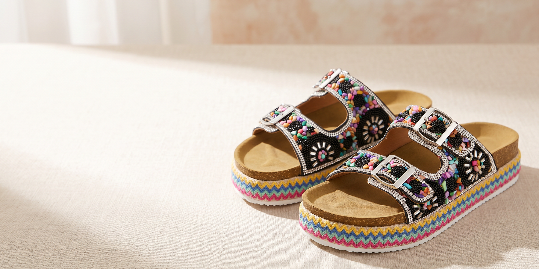 Introducing Double-Buckle Beaded Platform Slide Sandals: