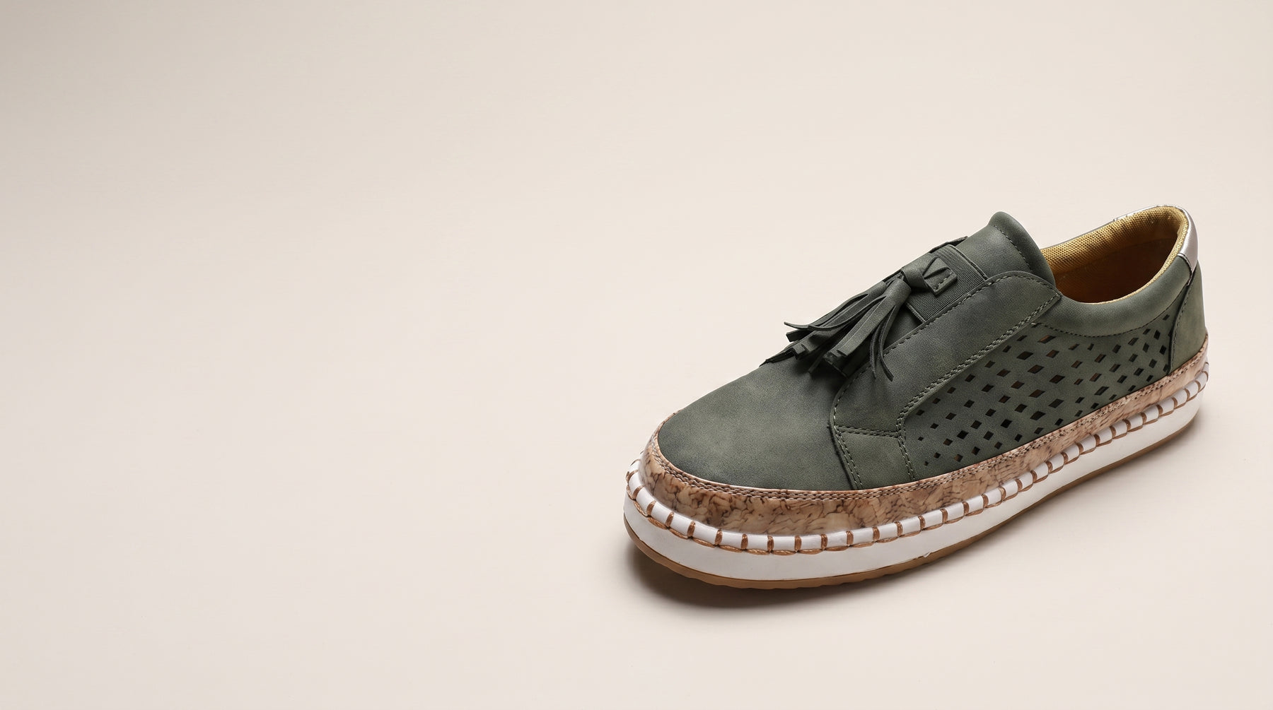 Introducing Suede Look Tassel Slip On Flats With A Cork Look Sole: