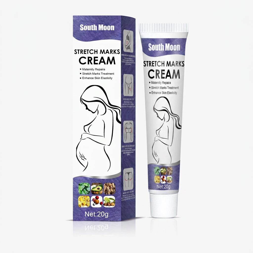 South Moon stretch marks cream tube and purple box for maternity skin