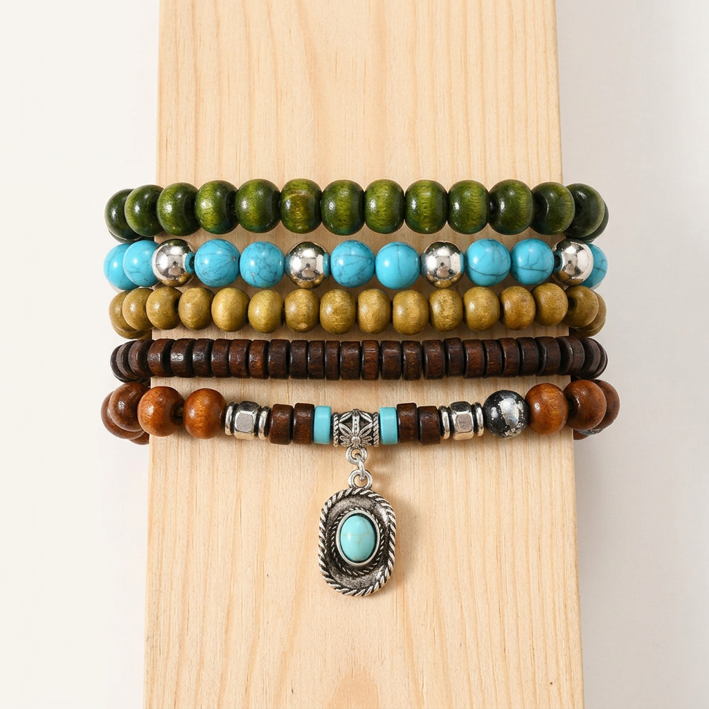 Boho Coconut Bracelet Set, 5-Piece Wood and Turquoise Stretch Stack 1