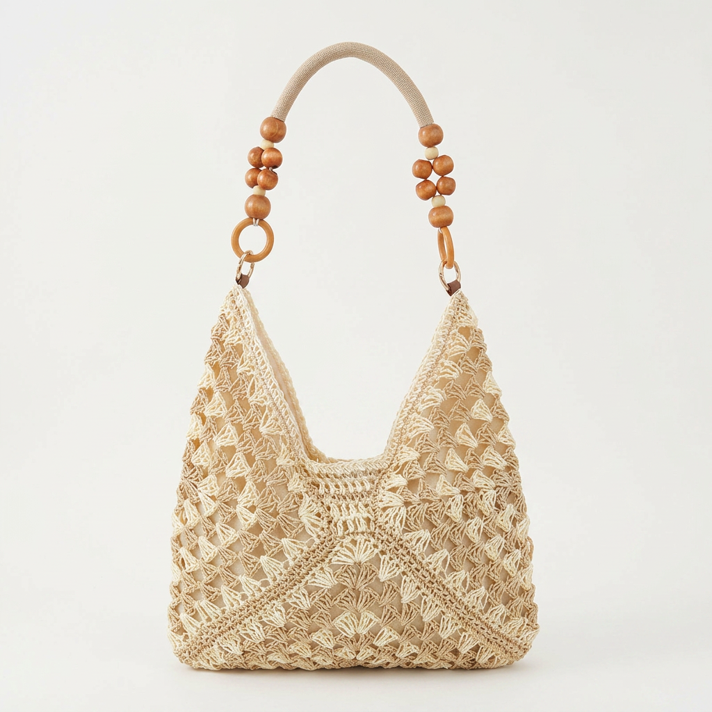Woven Straw Shoulder Bag, Wood Bead Handle Hobo for Summer Days 1