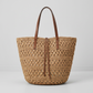 Large Woven Straw Tote Bag, Khaki Crochet, Leather Straps, Market to Beach 1