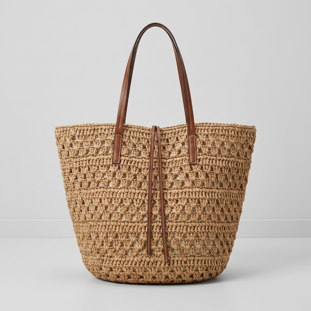 Large Woven Straw Tote Bag, Khaki Crochet, Leather Straps, Market to Beach 1
