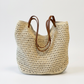 Hand-Woven Cotton Beach Tote Bag, Crochet Weave, Leather Straps 1