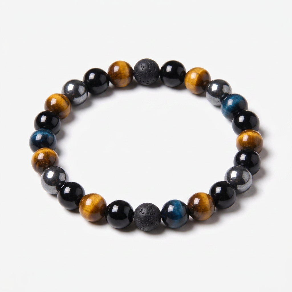 Natural Stone Beaded Bracelet, Tiger Eye Onyx Hematite, Unisex 1