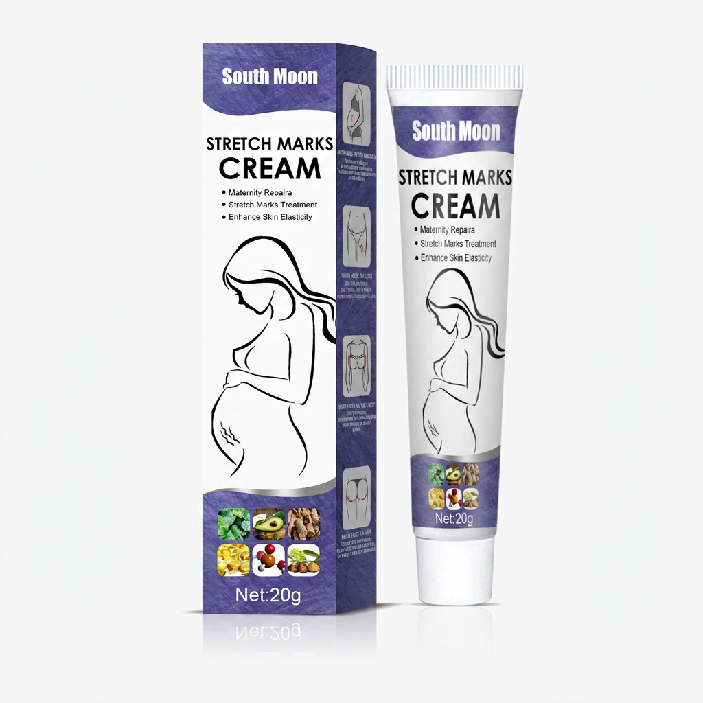 South Moon stretch marks cream packaging shown beside a pregnant belly