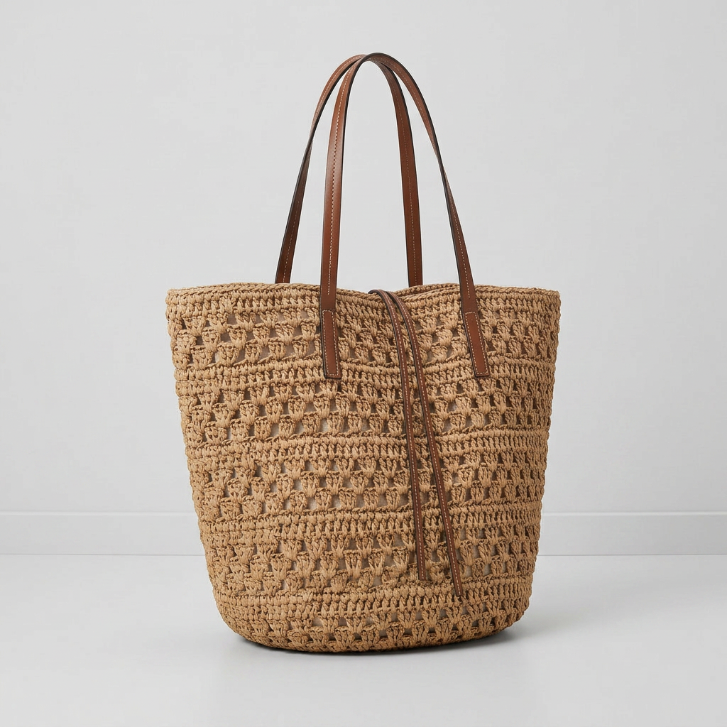 Large Woven Straw Tote Bag, Khaki Crochet, Leather Straps, Market to Beach 2