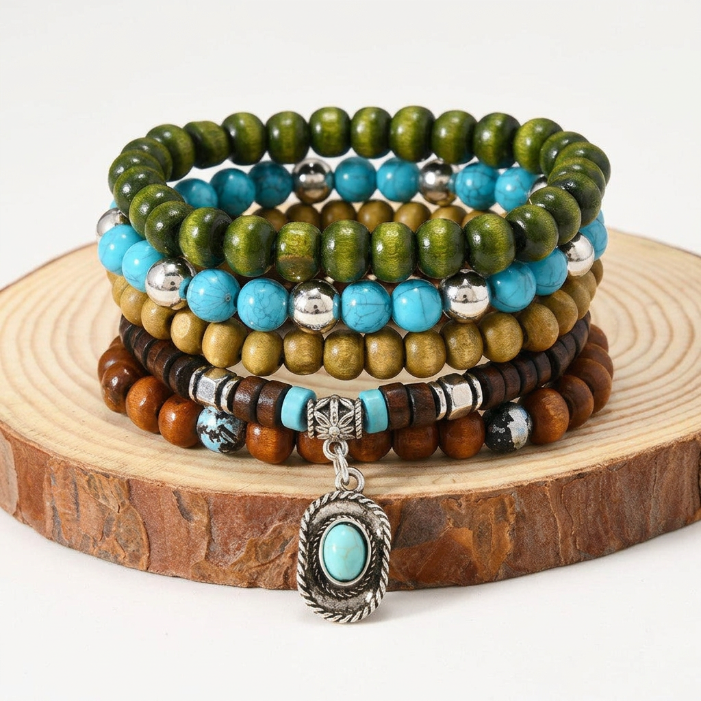Boho Coconut Bracelet Set, 5-Piece Wood and Turquoise Stretch Stack 2