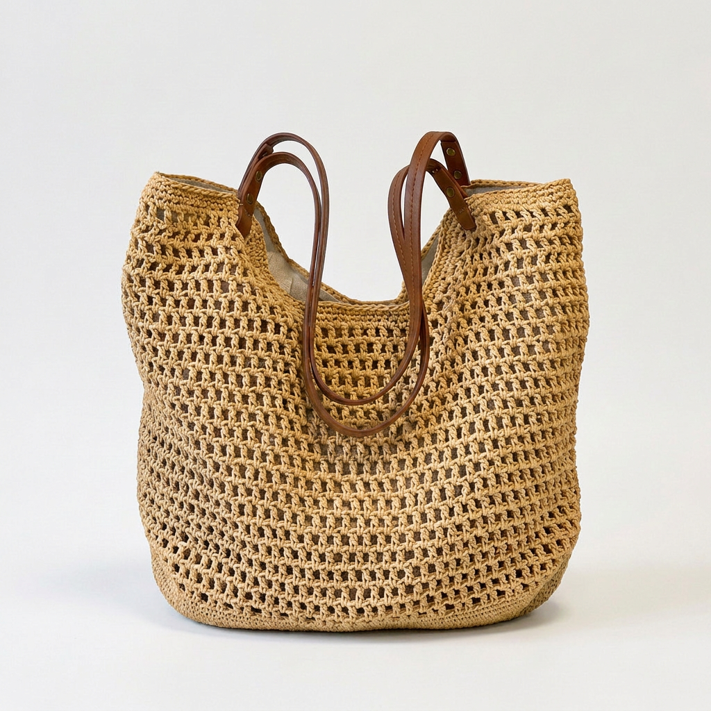 Hand-Woven Cotton Beach Tote Bag, Crochet Weave, Leather Straps 2