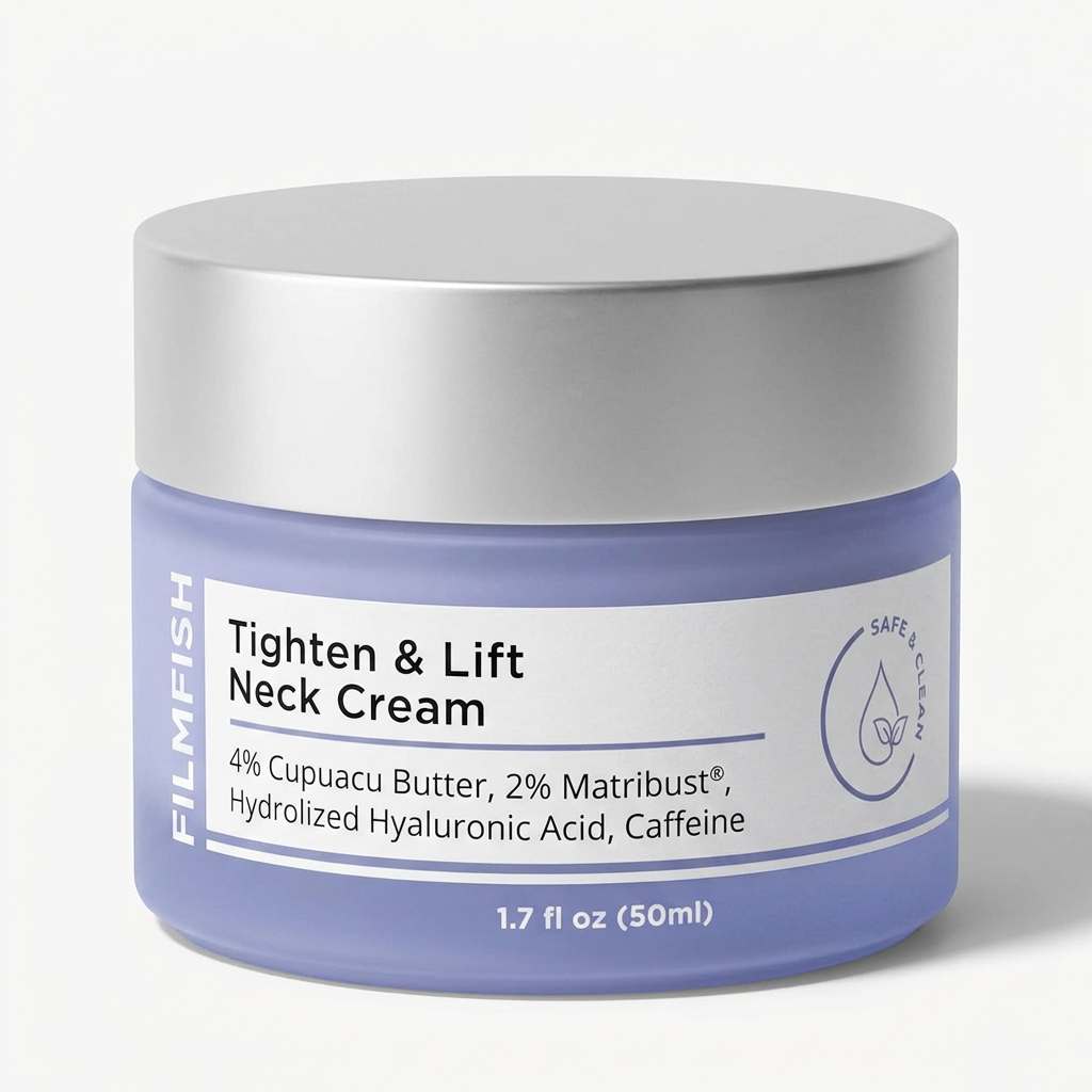Tighten and Lift neck cream packaging showing the periwinkle 50ml jar