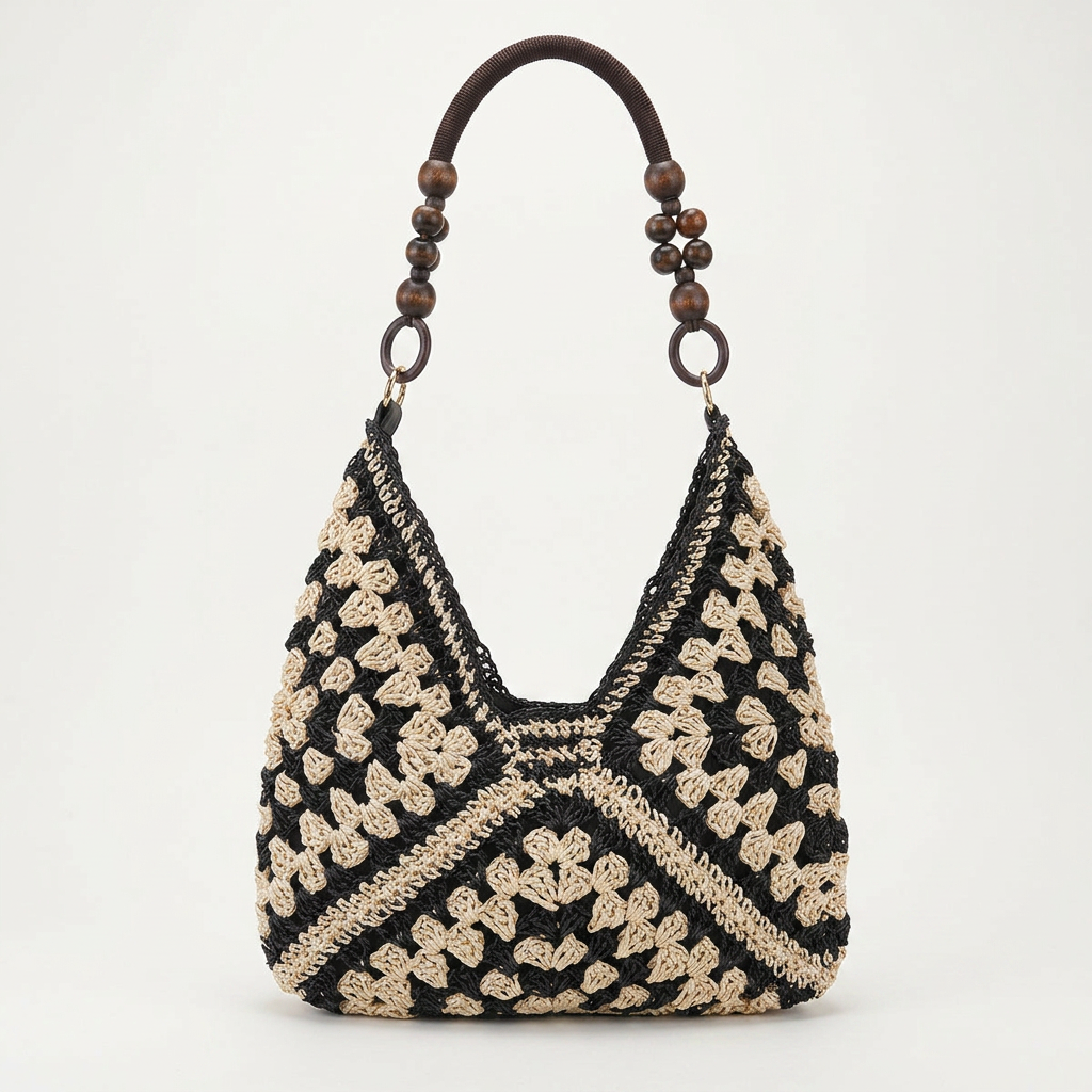 Woven Straw Shoulder Bag, Wood Bead Handle Hobo for Summer Days 2