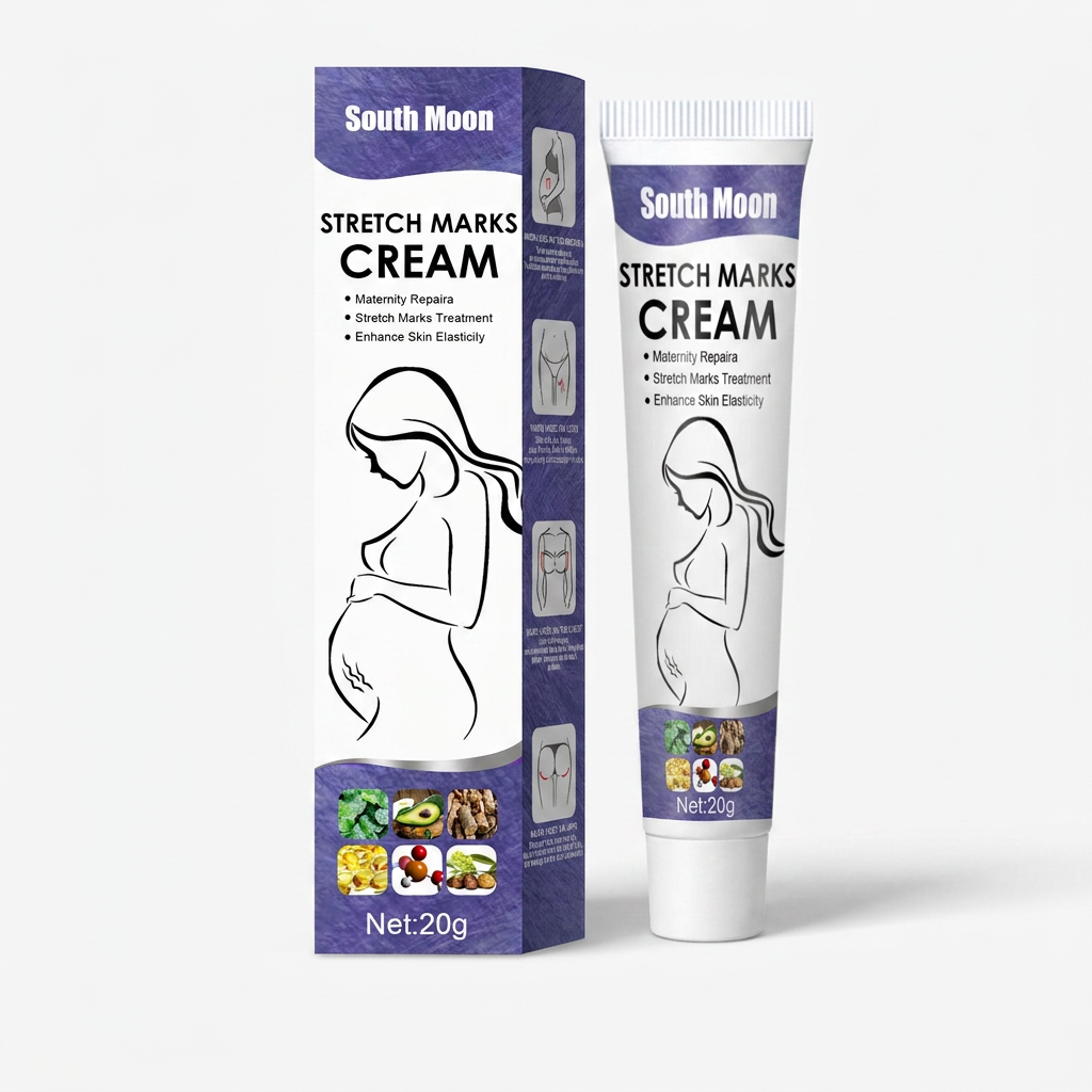 South Moon stretch marks cream tube and box product layout on white