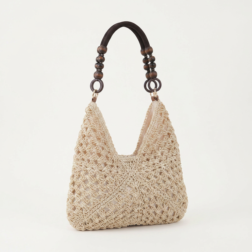 Woven Straw Shoulder Bag, Wood Bead Handle Hobo for Summer Days 3