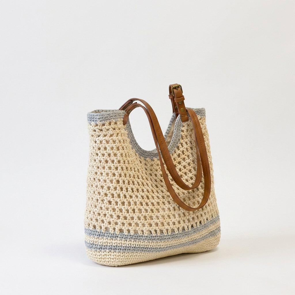 Hand-Woven Cotton Beach Tote Bag, Crochet Weave, Leather Straps 3
